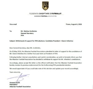 FSHF me shkresë zyrtare, tërheq mbështetjen ndaj Infantino